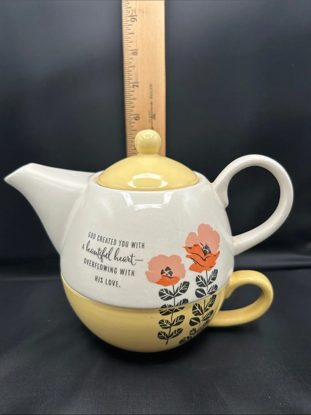 EUC DaySpring Tea for One Set Teapot & Cup Philemon 1:7 Yellow Floral